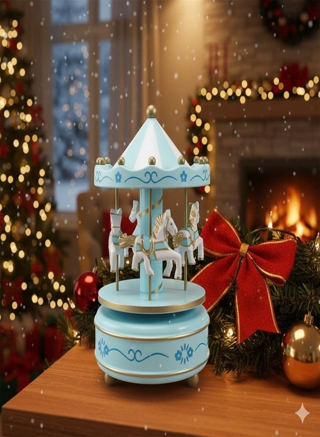 OM KRAFT Cake Topper Carousel Horse Music Box - Rotating Musical Merry Go Round Toy for Kids & Home Décor | Elegant Birthday Gift, Anniversary & Christmas Present (Blue & White) - Image 5